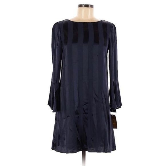 Cremieux Satin Dress Tulip Sleeve Striped Dark Blue Size XS New - Picture 9 of 9